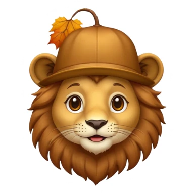 cartoon lion wearing a chestnut as a hat, big sparkling eyes, warm and friendly, autumn colors, emoji-style simplicity sticker