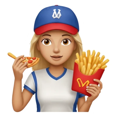 lean female holding fries on one hand and eating pizza on the other hand sticker