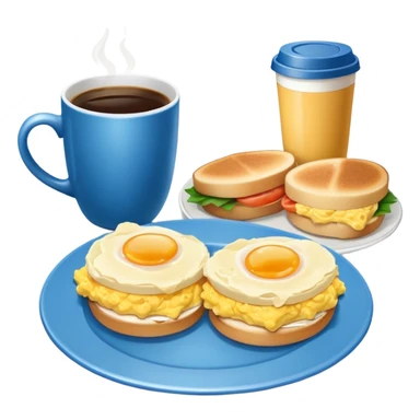 a blue plate with breakfast sandwiches and scrambled eggs and a cup of white coffee sticker