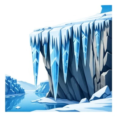 A stunning winter scene showing long, sharp icicles hanging from a frozen cliff or ledge, glistening in bright daylight. The surface is covered in snow and ice, with a cold blue and white color palette, highly detailed, realistic lighting, and frosty atmosphere. sticker