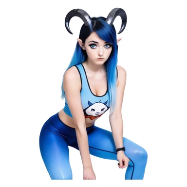 Disapponted-big tears-head back texting on phone-very very large upper body-sexy face-bending forward at waist-very long very straight dark blue to light blue ombre hair-and-blue eyes-thick black eyeliner-cute goat horns-iridescent blue lowcut tanktop with black leggings with glitter superman logo sticker