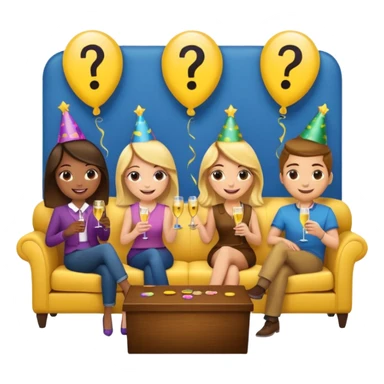 group of friends on couch playing a trivia game couch should be deep dark yellow color.  include a small wooden table in front of the couch as well.  Add smiling face emoji and question marks above their heads sticker