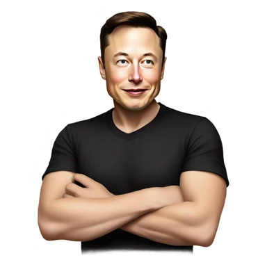 A cartoon-style illustration of Elon Musk with a confident smirk, wearing his signature black t-shirt, pointing downward. His facial expression should convey a mix of enthusiasm and playful authority.  sticker