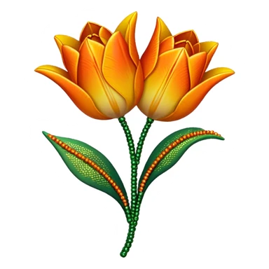 french beaded tulip, floral craft, sparkling glass beads, orange and yellow gradient petals, green foliage, realistic, elegant, no background sticker