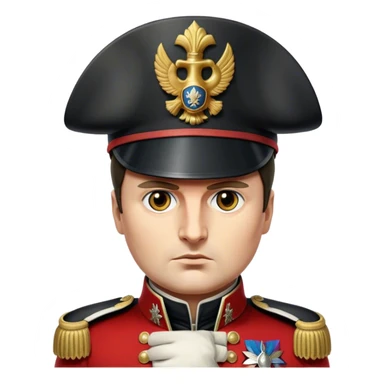Cinematic Realistic Napoleon Bonaparte Portrait Emoji, depicted as a commanding military leader with a determined gaze and iconic bicorne hat, rendered with dramatic textures and bold historical lighting that captures his imperial legacy. sticker