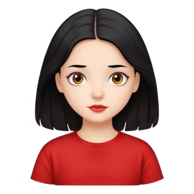 Buatkan aku emoji perempuan yang memiliki warna kulit cerah, mata yang cantik, dan mempunyai rambut hitam yang lurus dan sedikit bergelombang dan panjang rambutnya sampai ke pundak, dan memakai kaos pendek oversize berwarna merah  sticker