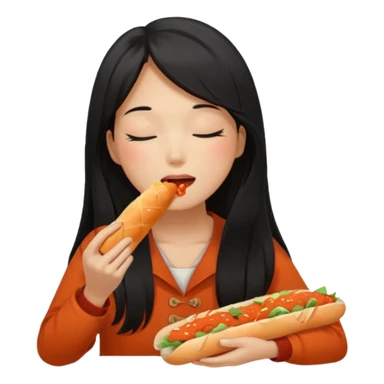 Girl black long hair eat kimchi close eyes baguette sticker