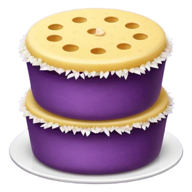 Create an emoji-style illustration of puto bumbong. Purple steamed rice cakes stacked together, topped with butter, grated coconut, and brown sugar. Cute, clean, iOS-style emoji look sticker