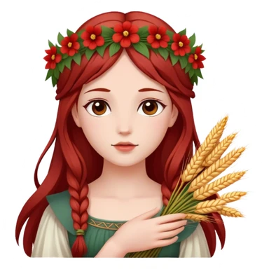 In Greek mythology, Persephone is often depicted as a young goddess with fair skin and dark red, straight hair. She is typically shown wearing a wreath of flowers and holding symbols like sheaves of grain or a flaming torch.  sticker
