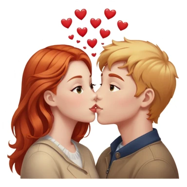 Red head girl with light skin and light brown eyes kissing on the lips with a blonde boy with fair skin and brown eyes, they both being in love with each other. Little hearts flying around them.  sticker
