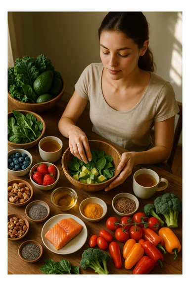 A realistic, cinematic flat-lay image of a clean wooden kitchen table filled with fresh, colorful whole foods known to help reduce androgen excess naturally. The table includes leafy greens like spinach and kale, avocados, berries, colorful vegetables, nuts, seeds (chia and flaxseeds), wild-caught salmon, and herbal teas, carefully arranged in an aesthetically pleasing, organized manner. A small glass bowl with olive oil and another with turmeric powder are included, emphasizing anti-inflammatory properties. In the scene, a young woman with clear, healthy skin and a calm expression is preparing a bowl with these ingredients, symbolizing a hormone-balancing diet. Warm, natural daylight streams in, creating a cozy and inviting atmosphere. The style is hyper-realistic 35mm photography, with vibrant yet soft colors, showcasing textures of the fresh produce and the peaceful vibe of using nutrition to support hormonal balance in italiano sticker