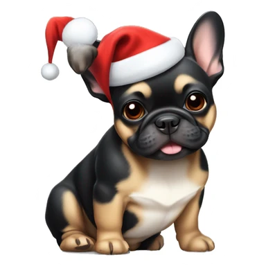 A small, black-and-tan French bulldog with a mostly black face and tan paws, wearing a classic red and white Santa hat, sitting happily with its tongue slightly out. sticker