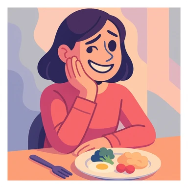 a person hiding their sadness and eating disorder, looking away with a forced smile, plate of food pushed aside, soft pastel colors, gentle lighting, emotional atmosphere sticker