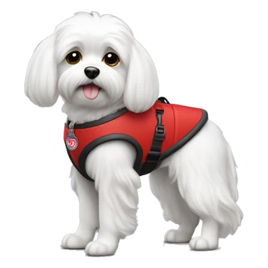 Maltese wearing a red service dog vest with to bleck straps sticker