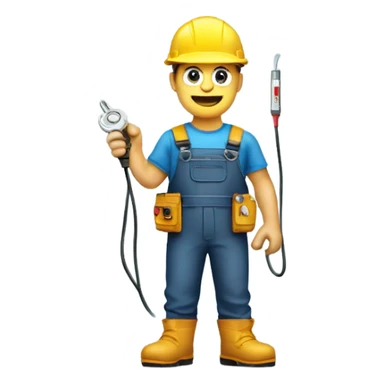 electrician in a hard hat and jumpsuit, holding a coiled wire and a voltage tester, with a utility belt sticker