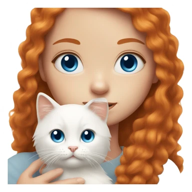 ginger girl with freckles and blue eyes holding fluffy white cat with blue eyes sticker