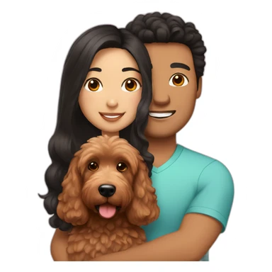 Mexican guy with brown hair and asian girl with long black hair holding red goldendoodle sticker