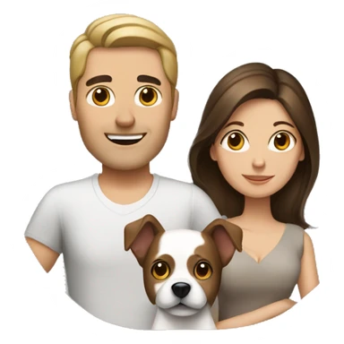 Brunette husband and wife with small white and brown dog sticker