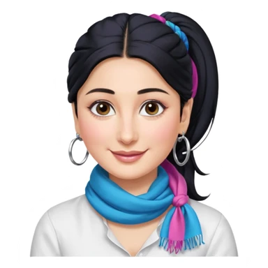 generate a pretty bratz emoji 
Make her wear a white shirt with a colorful blue-pink scarf wrapped around her neck. smiling big. Black hair tied into a side part ponytail, silver hoops and no necklace

She should look exactly  like Kareena Kapoor. kohl under eyes sticker