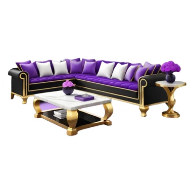 Luxurious black marble living room with gold and white accents and with a purple pillow  sticker
