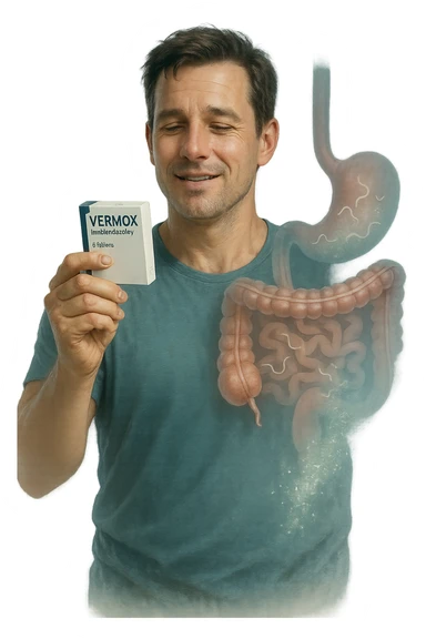 A realistic, cinematic illustration of a man in his late 30s holding a small white box of ‘Vermox’ (mebendazole) in one hand, with a relieved and hopeful expression on his face. Behind him, a semi-transparent overlay shows his digestive tract where small, symbolic worm-like parasites are dissolving and disappearing, indicating the medication’s effect. The environment is clean and bright, with a medical yet hopeful tone, conveying the concept of effective parasite removal. Subtle blue and green tones symbolize cleansing and health restoration, while the man appears energized and ready to reclaim his well-being sticker