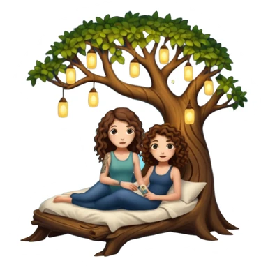 hollow tree bed — long wavy brown hair tattooed woman and short tight curly brown hair woman — firefly night lights sticker
