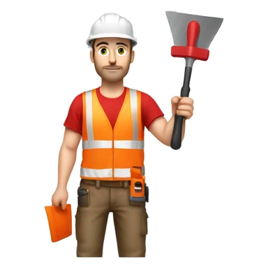 a caucasian construction worker from the chest up looking frontal, wearing a red hard hat and high-visibility vest, underneath he is wearing a red t-shirt, holding a gauging trowel sticker
