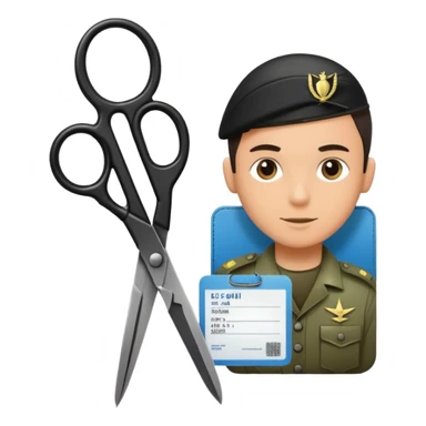 Floating black Scissors cutting an idf soldier ID card in 2 parts .hyper realistic sticker