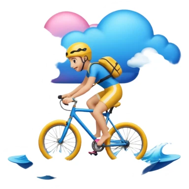 Emoji that first swims in ocean carrying a bicycle, afterwards rides the bicycle up a mountain and afterwards skis in pink clouds sticker