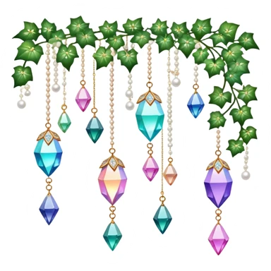 Exotic romantic Few cute tiny Iridescent glistening glossy sparkly shiny glittery hanging crystals pearls and beads and gemstones scenery scenic decorations with ivy and flowers sticker