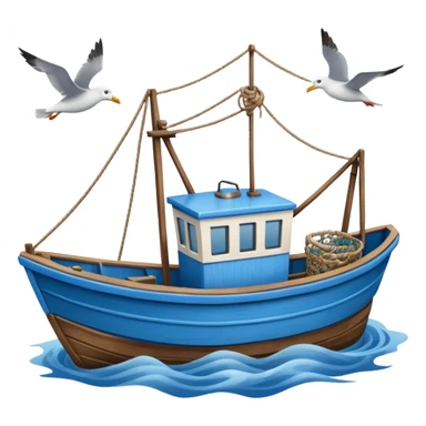 Design a small fishing boat with nets & seagulls around it. sticker