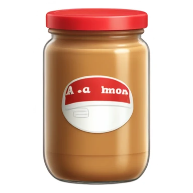 A plain glass jar containing smooth brown peanut butter. Red lid on top. No decorative elements, no faces, no kawaii style. Simple product container design with basic label area. sticker