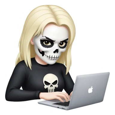 female Punisher skull with eyelashes working on a laptop sticker