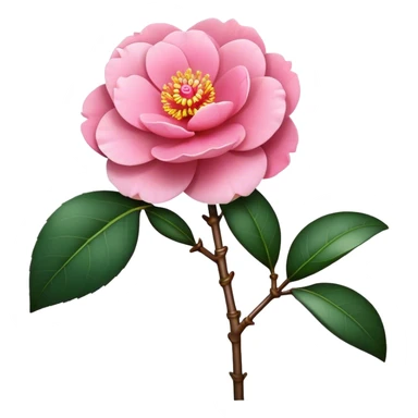 single pink Camellia flower, stem sticker