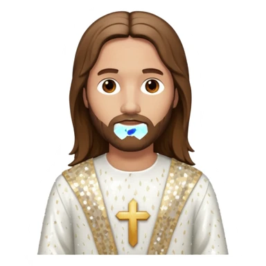 Jesus Christ from The Bible with long brown hair, white sequin outfit sticker