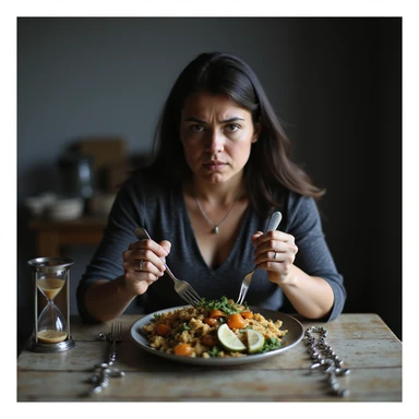 ultra realistic photo of an adult woman sitting at a table with healthy food, expression of discomfort, hands gripping cutlery tightly, cold natural light, kitchen background, symbol of punishment such as chains or hourglass, environment communicating sacrifice sticker