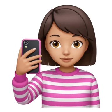 Emoji of a cute 3D girl with short dark brown bob hairstyle, wearing a pink and white striped sweatshirt. She is holding a phone and taking a selfie, white background.

 sticker