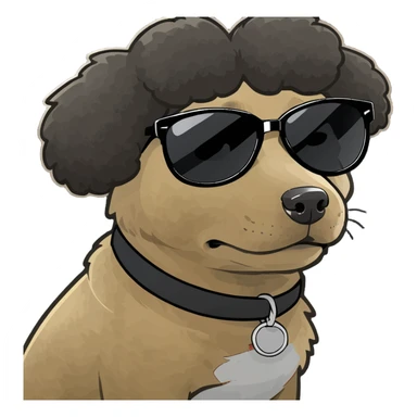 Anime Dog with black fashionable sunglasses and an Afro put up the peace sign and sitting in a squat. sticker