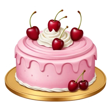 Round pink frosted cake with textured buttercream sides, placed on a gold cake board.
White whipped cream swirls on top, each topped with glossy red cherries with stems, clean studio lighting, isolated background, realistic minimal smooth emoji-style. sticker
