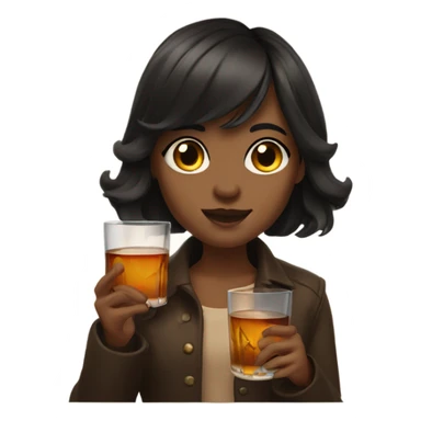 A dark haired girl with slightly wavy hair and bangs holding a glass of whiskey sticker