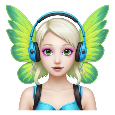 hard techno rave fairy, wearing headphones, dancing, neon wings, minimal background sticker
