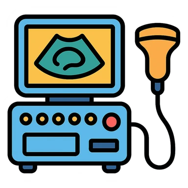ultrasound machine, color outline icon style, clear medical device details sticker