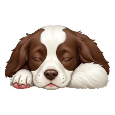 Meme-Worthy Cute Sleeping Springer Spaniel Portrait Emoji, Head resting peacefully with a contented smile, showcasing a delightfully agile build and a luxuriously soft liver and white Fur, eyes shut in a serene nap, Simplified yet hilariously adorable features, highly detailed, glowing with a soft, drowsy light, high shine, relaxed and utterly lovable, stylized with an air of playful laziness, bright and heartwarming, soft glowing outline, capturing the essence of a comically sleepy companion, so meme-worthy it feels like it could instantly become the next viral sensation of adorable slumber! sticker