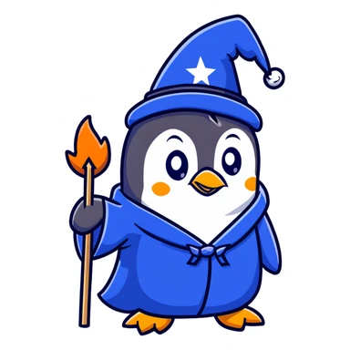 A penguin in a blue wizard robe and pointy hat with stars, casting a magical spell sticker