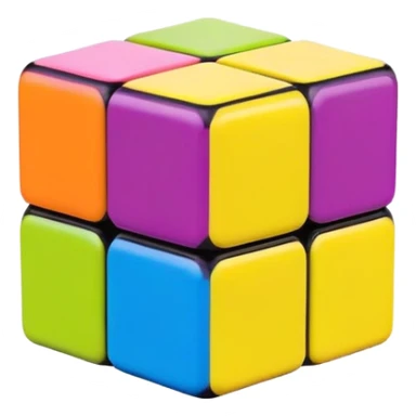 A 3x3 Rubik's Cube with candy-colored bright scheme: bubblegum pink, lemon yellow, bright blue raspberry, lime green, grape purple, tangerine orange, minimalist iOS emoji style sticker