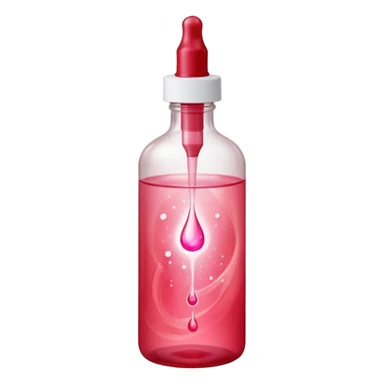 Translucent reddish-pink dropper bottle with white cap and minimal label, glowing softly. Floating in a faint red aura with swirling light ribbons and tiny peeling sparks lifting upward. by shimmer flakes, symbolizing cell renewal. Feels like a silky exfoliation elixir sealed in a potion vial  sticker