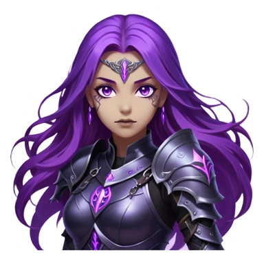 A mysterious warrior girl with long, flowing purple hair catching the dim light. Her glowing violet eyes stare forward, unwavering. She wears sleek black armor, adorned with silver runes that pulse faintly with hidden power. A dark mist swirls at her feet, hinting at the energy she commands. sticker