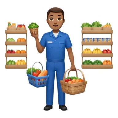 Supermarket employee at a cash register, full body, serving a man surprised sticker