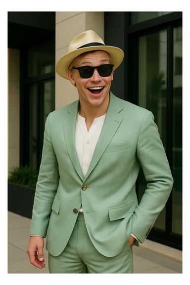 Make the man more animated and Scandinavian with lively expression and Scandinavian features. Keep the light green linen suit, sunglasses, and straw hat. sticker