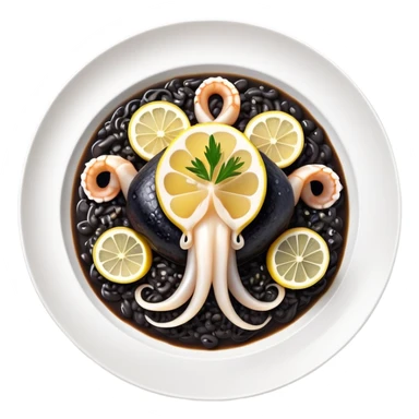 cinematic-realistic-black-risotto-dish,-showcasing-lagre squid pieces-rendered-with-bold-textures-and-dynamic,-dramatic-lighting in a white plate with a single slice of grilled lemon on top sticker